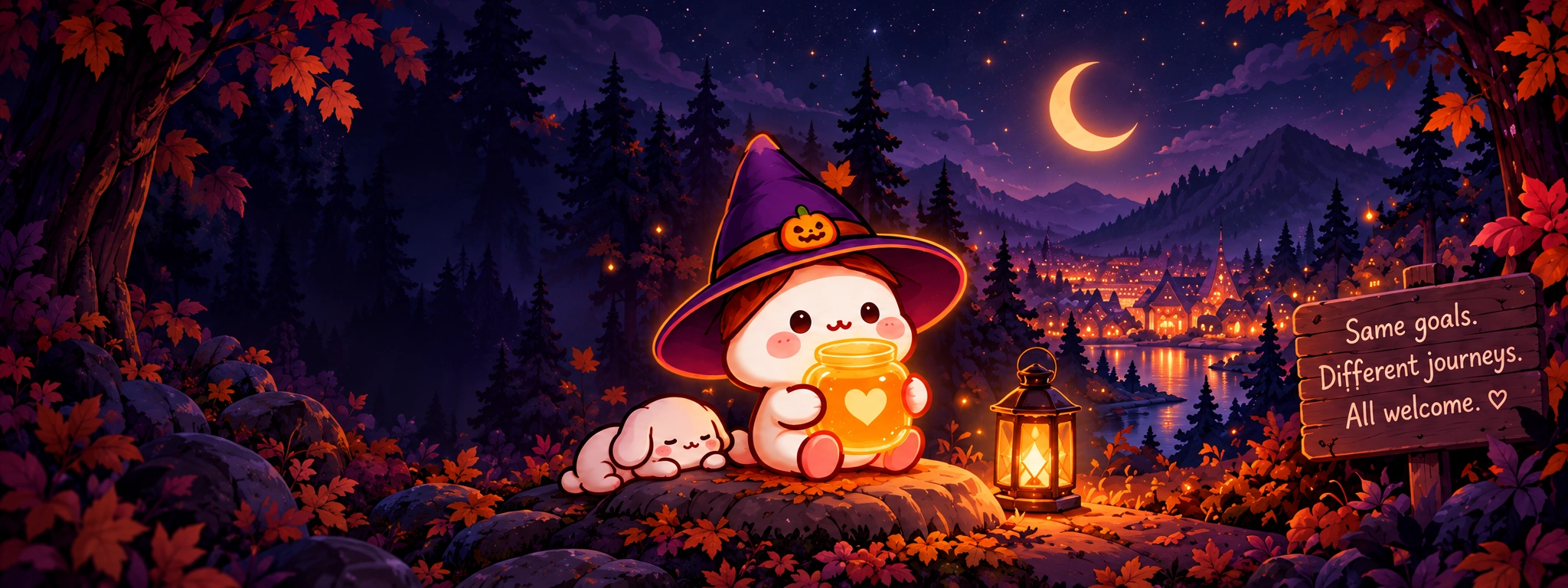 Witch Bun hugging a glowing honey jar beside a sleeping companion and lantern, overlooking a moonlit village