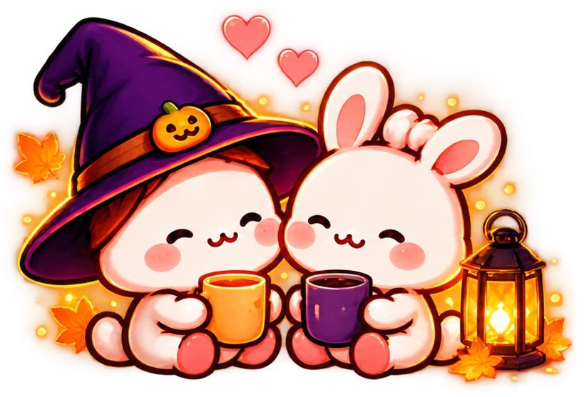 Bun and a rabbit friend sharing warm drinks by a glowing lantern