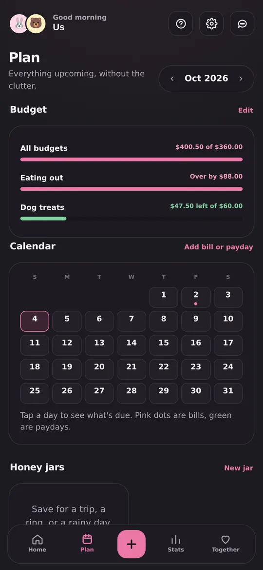 Honeybun Plan: budgets and a bills calendar