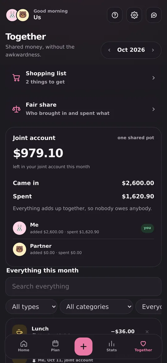 Honeybun Together: a shared joint account